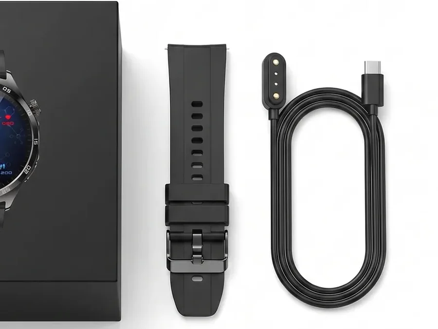 Zawartość pudełka: zapasowy silikonowy pasek i magnetyczna ładowarka USB-C