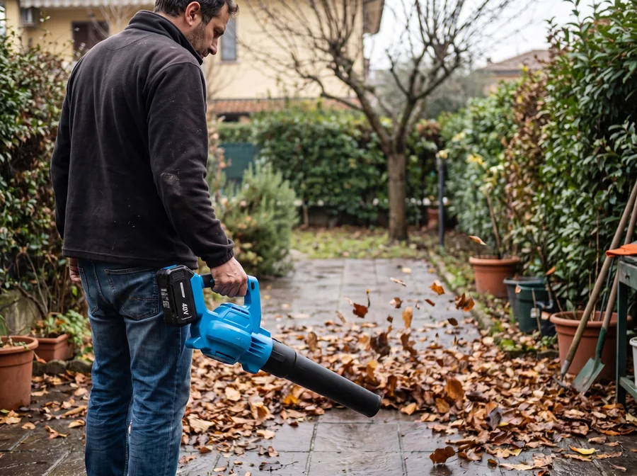 Vīrietis tīra rudens lapas no piebraucamā ceļa pie mājas