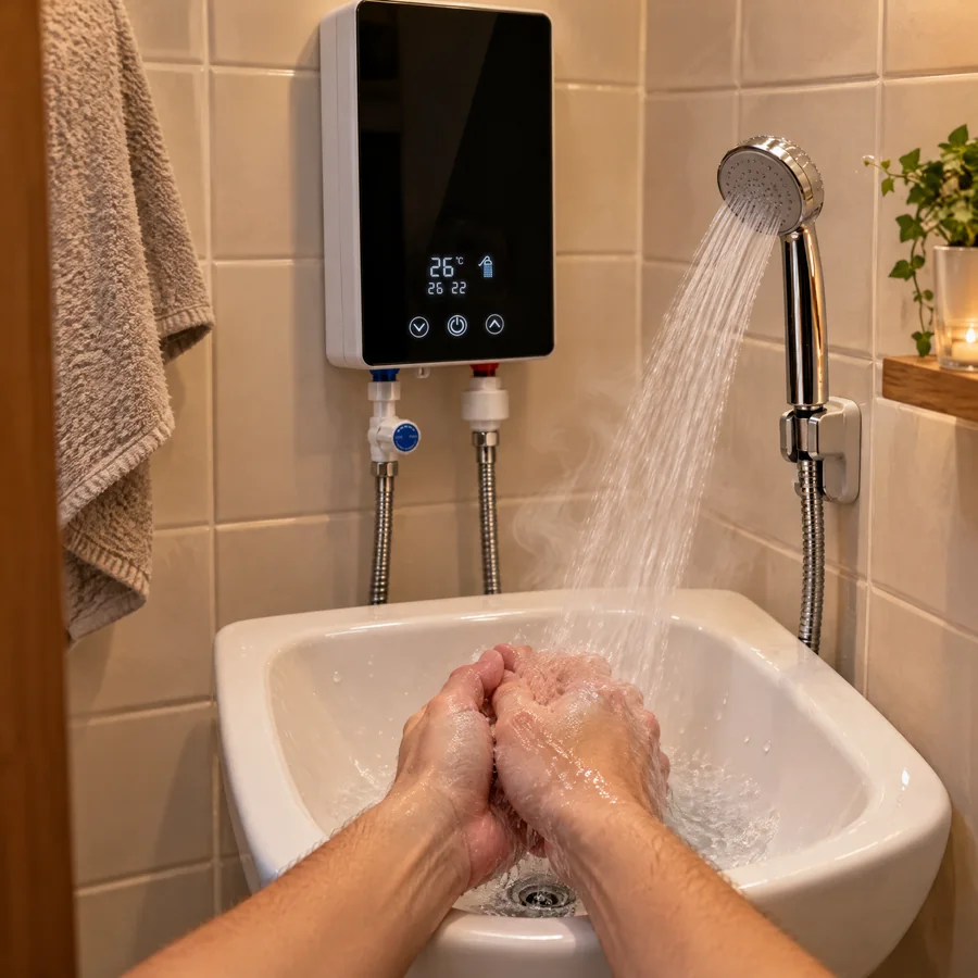 Lavabo de un aseo pequeño con agua caliente saliendo del grifo