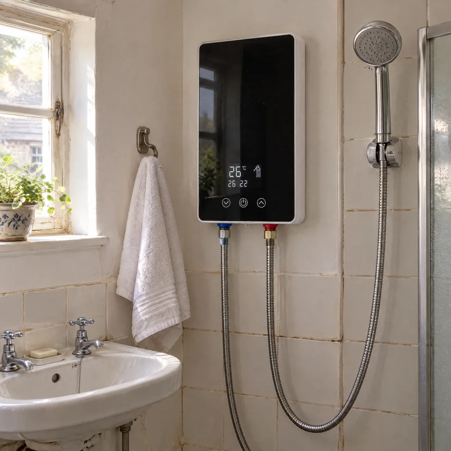 Baño de una segunda vivienda con el calentador colgado en la pared