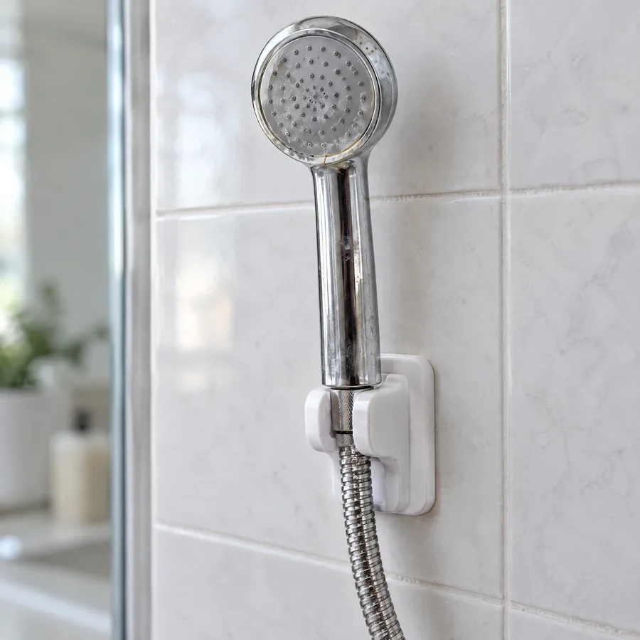 Ducha de mano cromada, flexible de acero y soporte adhesivo de pared