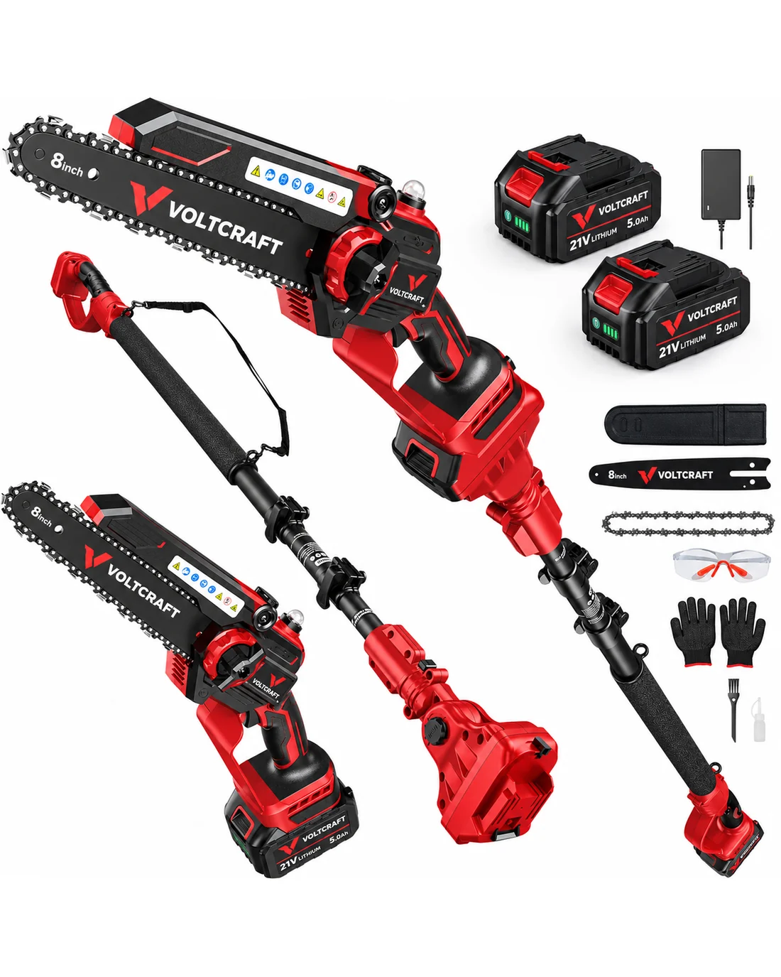 Das komplette VOLTCRAFT-Set: Mini-Kettensäge, Teleskopstiel mit Schultergurt, zwei 21-V-Akkus, Ladegerät, Ersatzschwert und Ersatzkette, Schwertschutz, Schutzbrille, Handschuhe, Bürste und Ölflasche