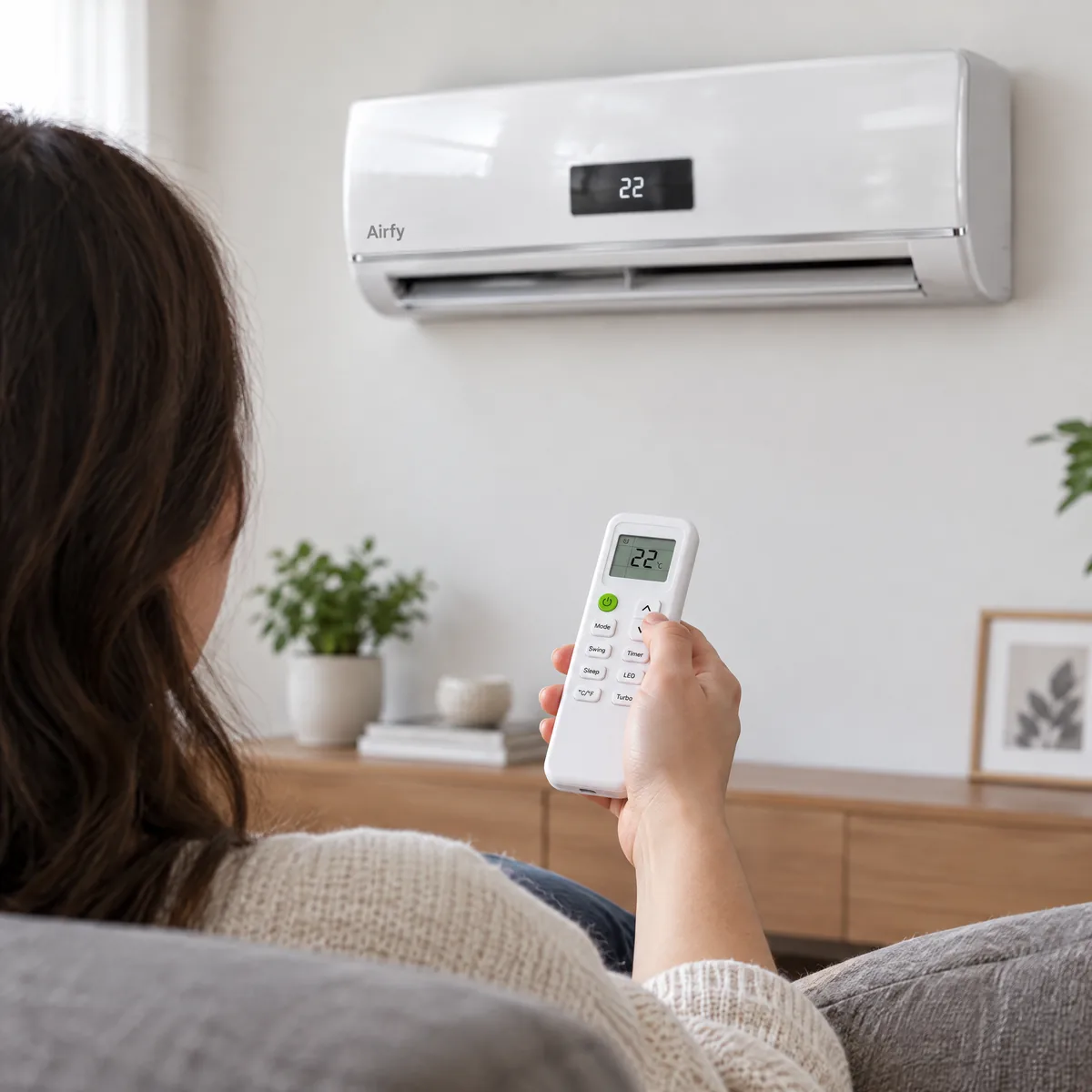 Mano con il telecomando che comanda AirFy dal divano