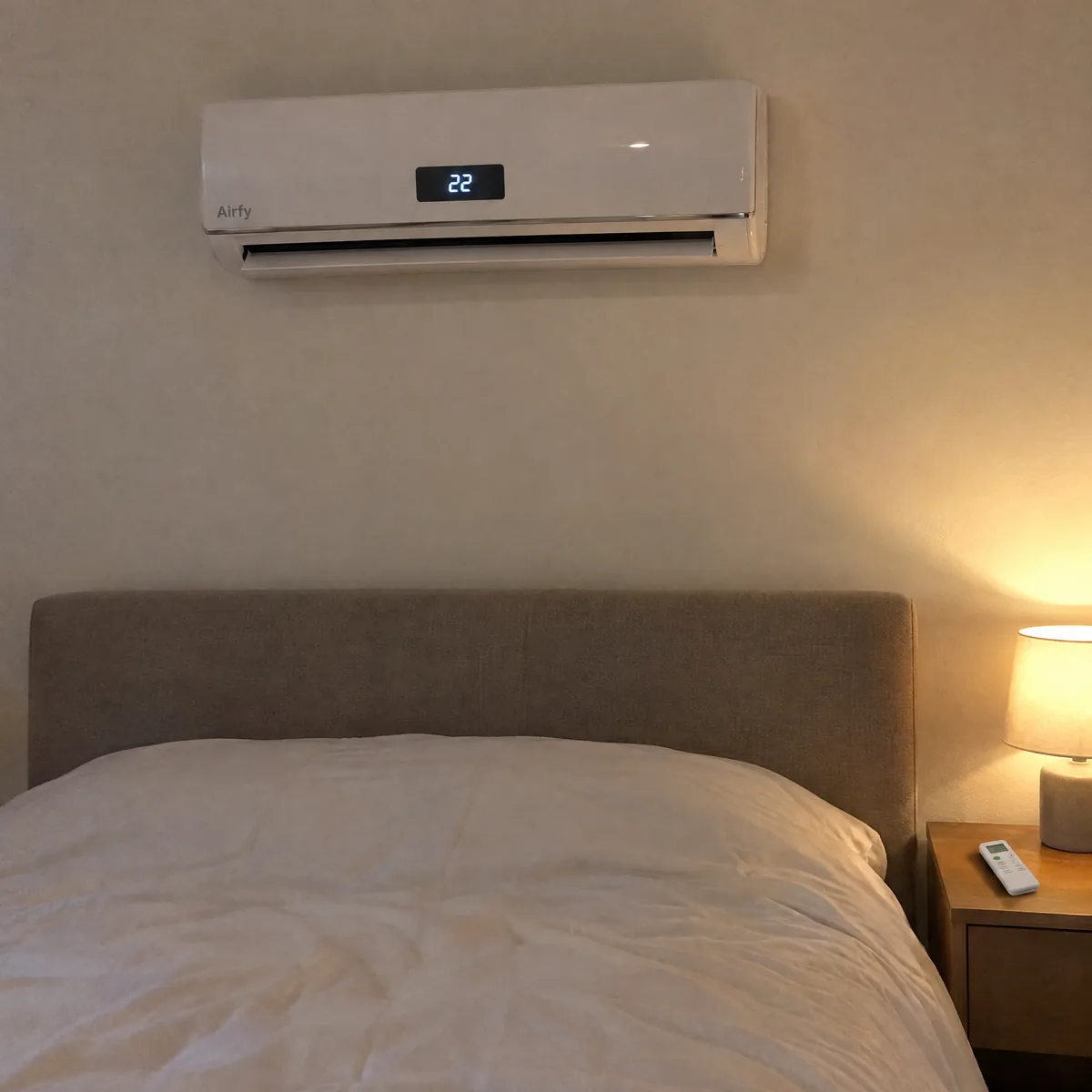 Convettore AirFy bianco sulla parete sopra il letto