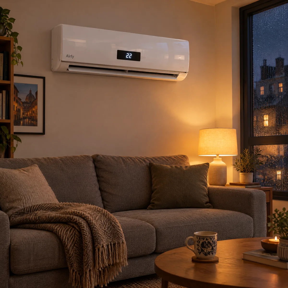 Soggiorno la sera d'inverno con AirFy acceso sulla parete