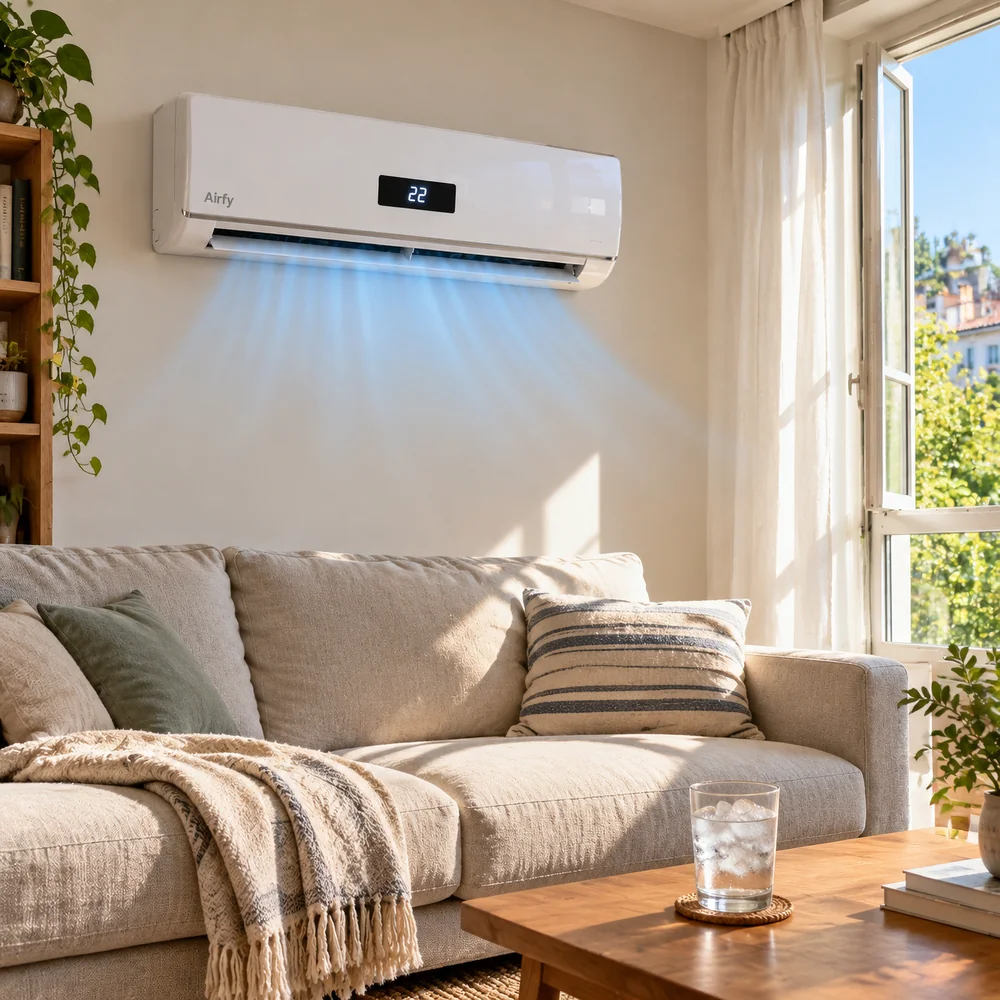 Soggiorno soleggiato d'estate con AirFy che soffia aria fresca