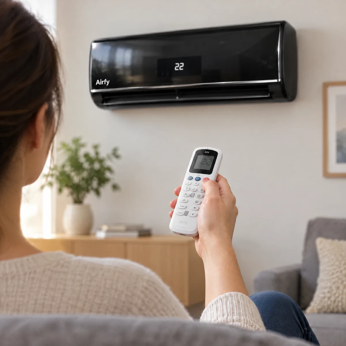Hand mit Fernbedienung steuert AirFy vom Sofa aus