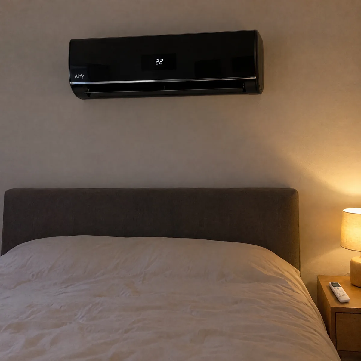 AirFy Wandheizgerät an der Wand über dem Bett im Schlafzimmer
