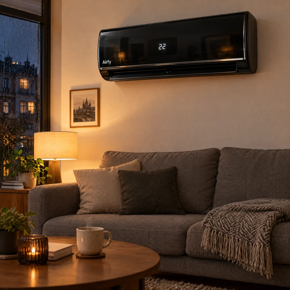 Wohnzimmer an einem Winterabend mit eingeschaltetem AirFy an der Wand