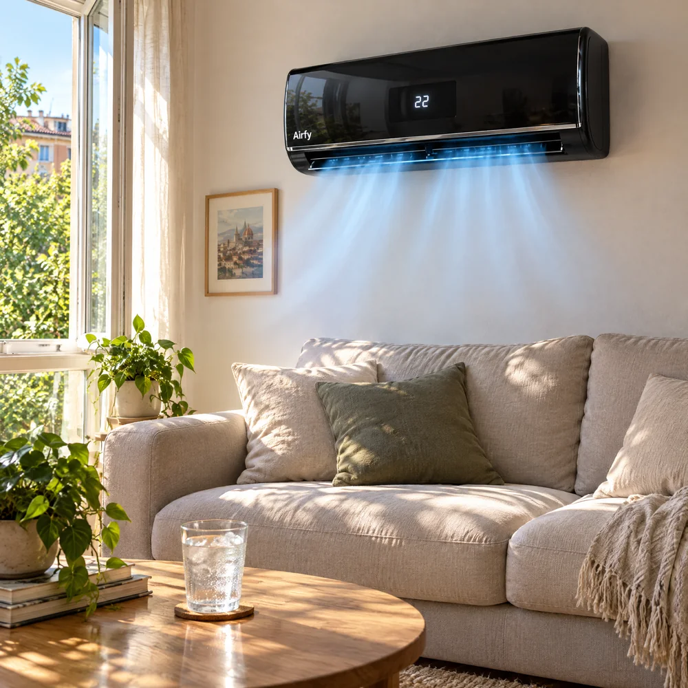 Sonniges Wohnzimmer im Sommer, AirFy bläst kühle Luft