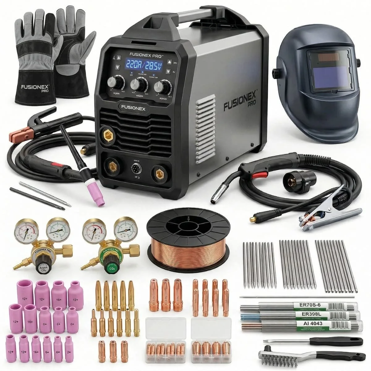 Aparat de sudură FUSIONEX PRO cu set complet: pistolete MIG și TIG, reductoare, sârmă, mască și mănuși