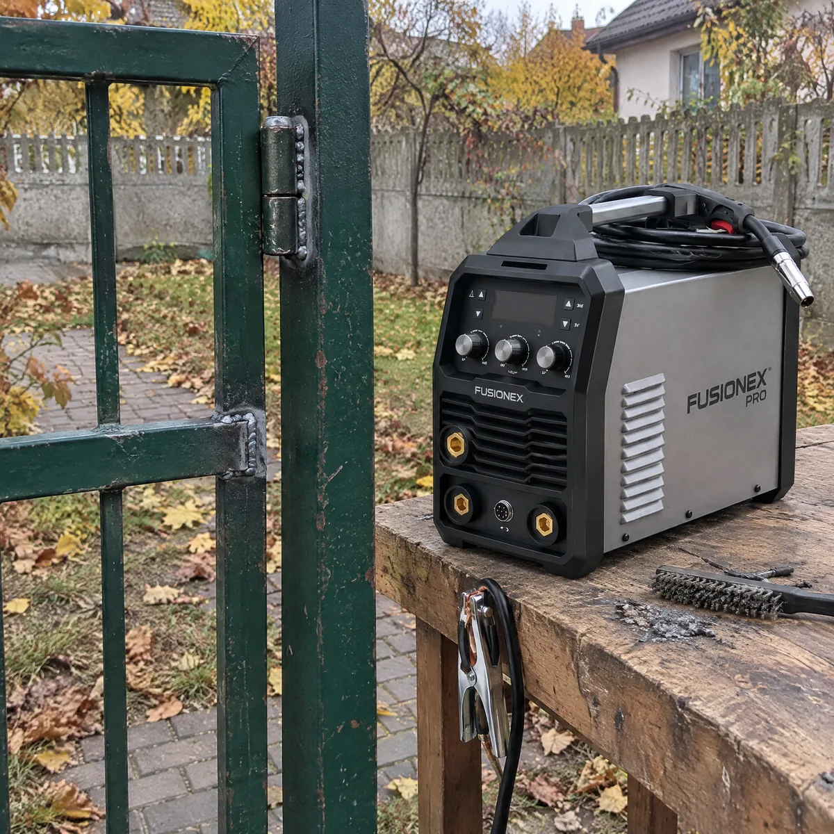 Poartă de grădină reparată cu suduri noi, aparatul pe masă alături